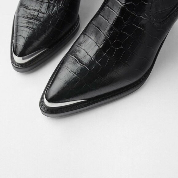 Zara Leather Cowboy Heel Ankle Boots With Metal Trim - Picture 5 of 8